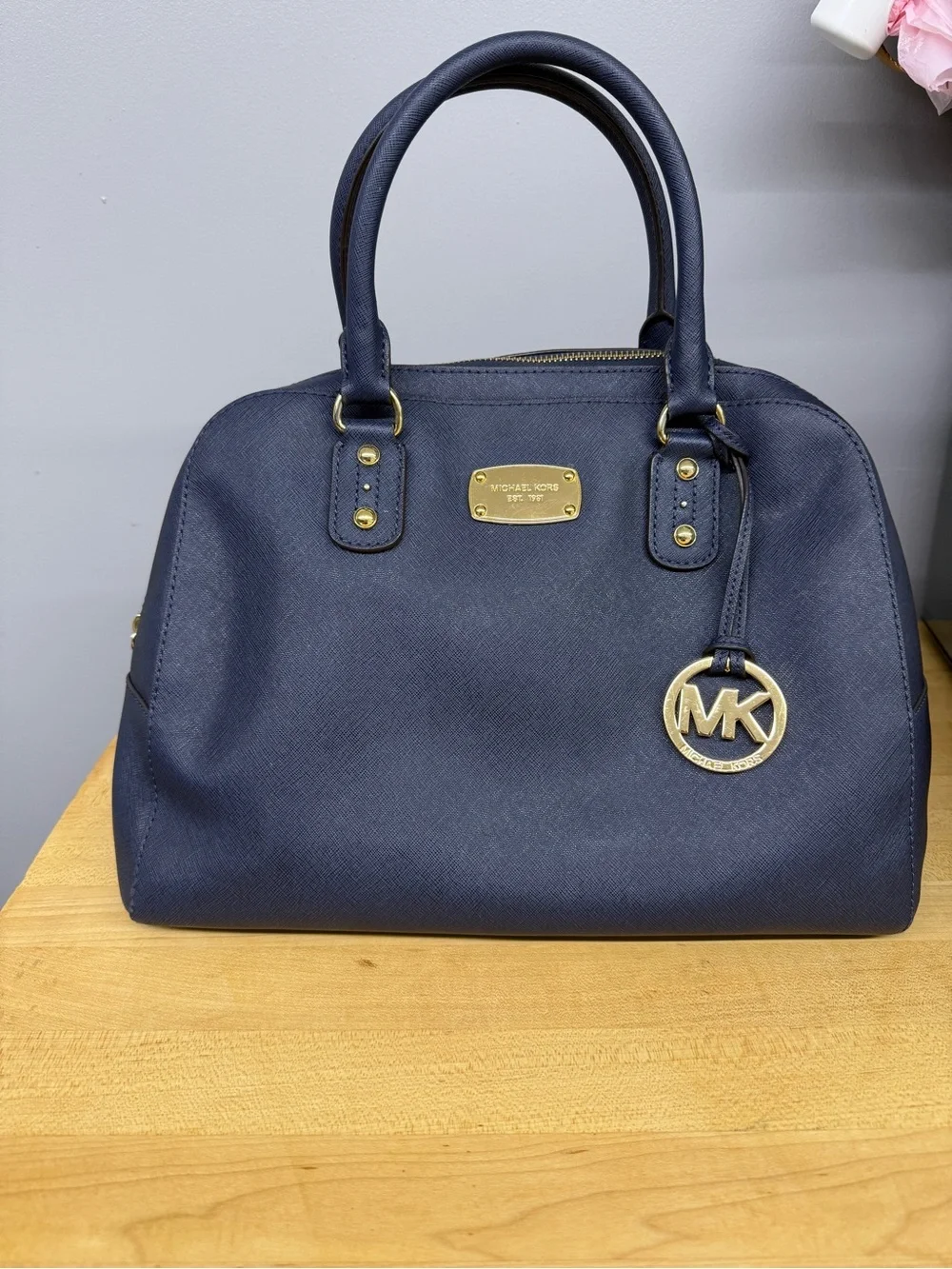 Michael Kors Navy Saffiano Satchel with Gold Hardware